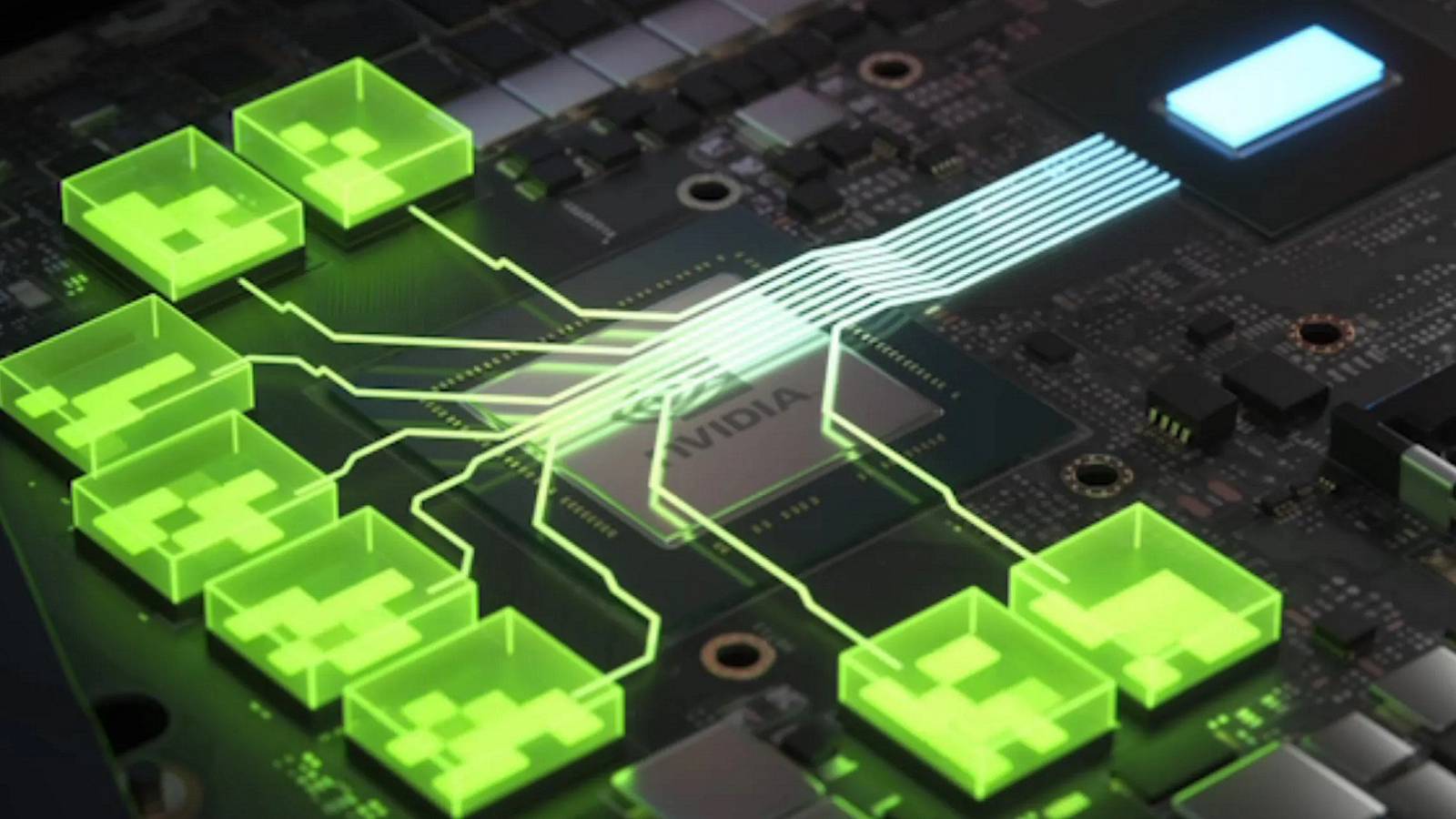 Rendered image showing a motherboard with green 