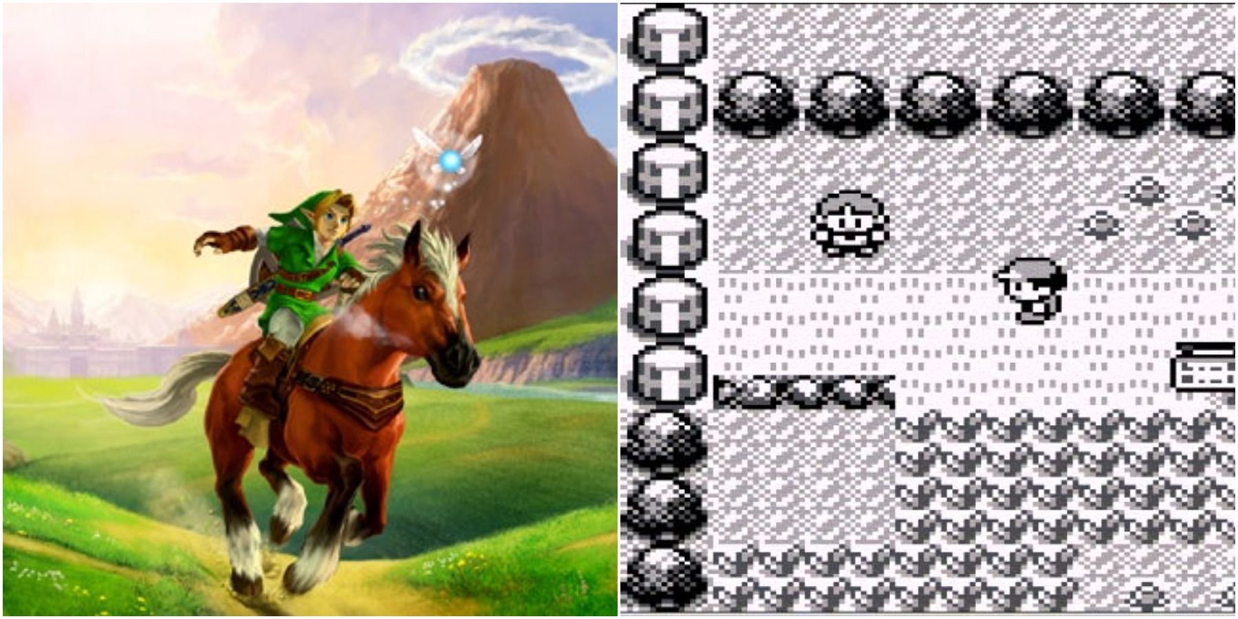 (Left) Link riding Epona (Right) Two people standing in a field