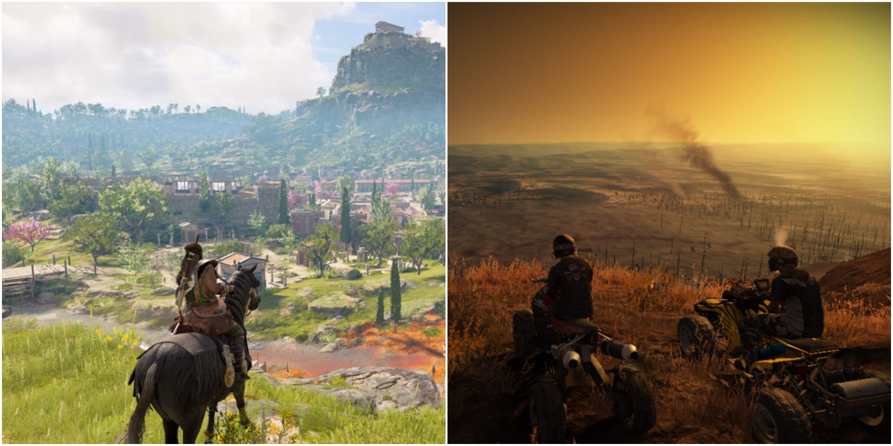 (Left) Looking over the landscape in AC: Odyssey (Right) Looking over the landscape in Fuel