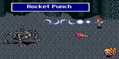 The Omega battle from Final Fantasy 5. It is using Rocket Punch on Bartz. Lenna is collapsed on the ground.