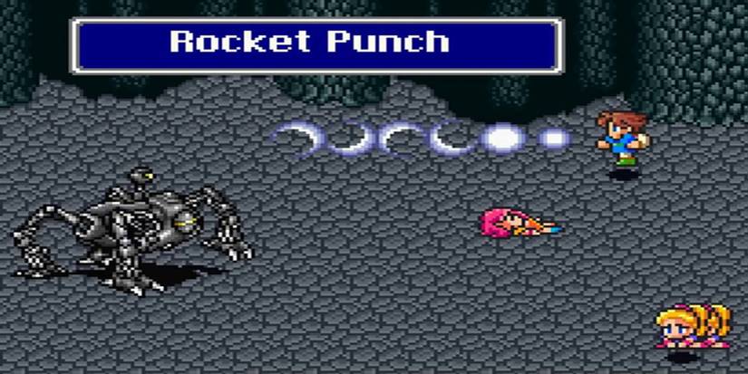 The Omega battle from Final Fantasy 5. It is using Rocket Punch on Bartz. Lenna is collapsed on the ground.