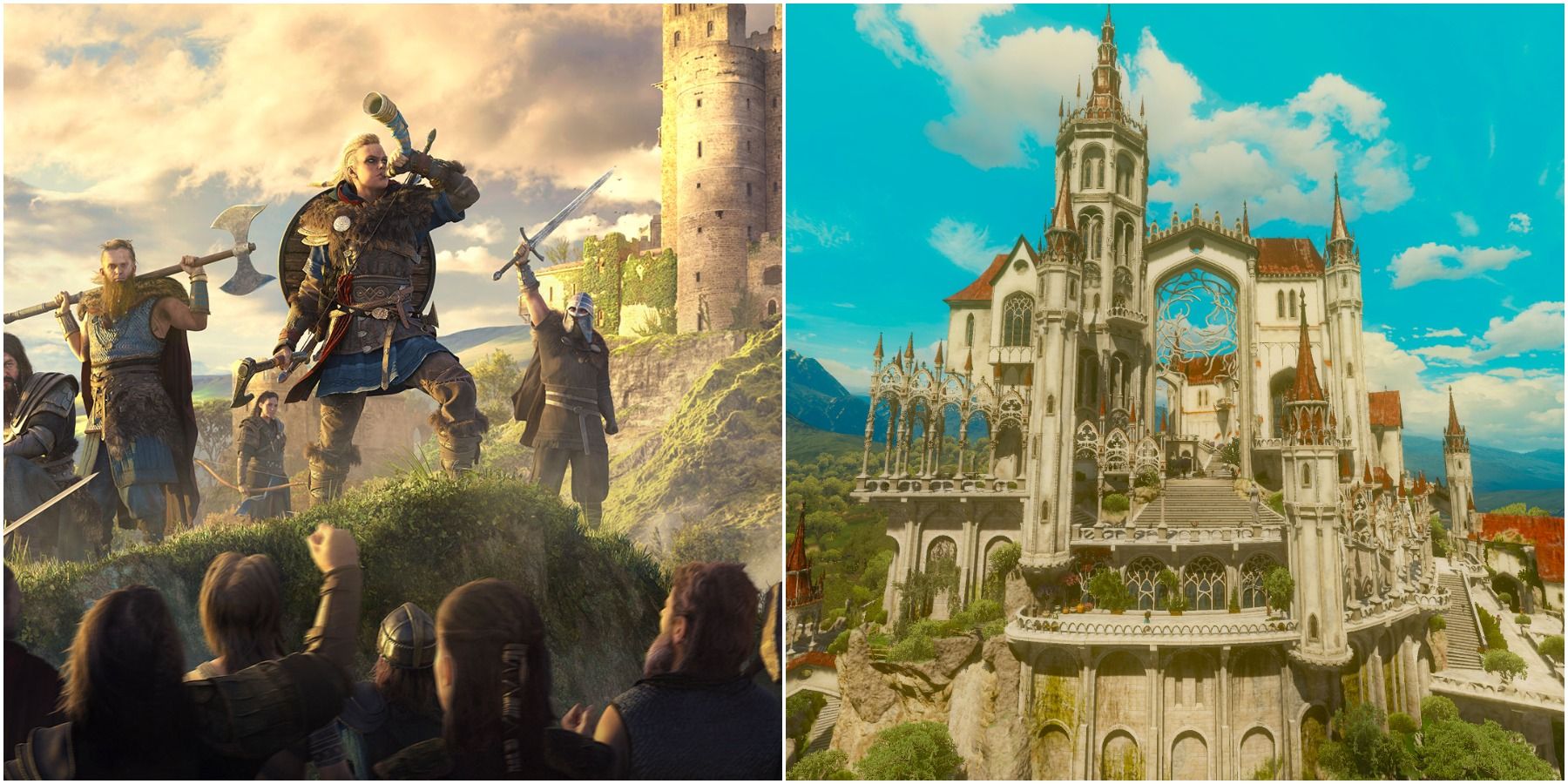 (Left) Characters cheering in Assassin's Creed: Valhalla (Right) Castle in The Witcher 3