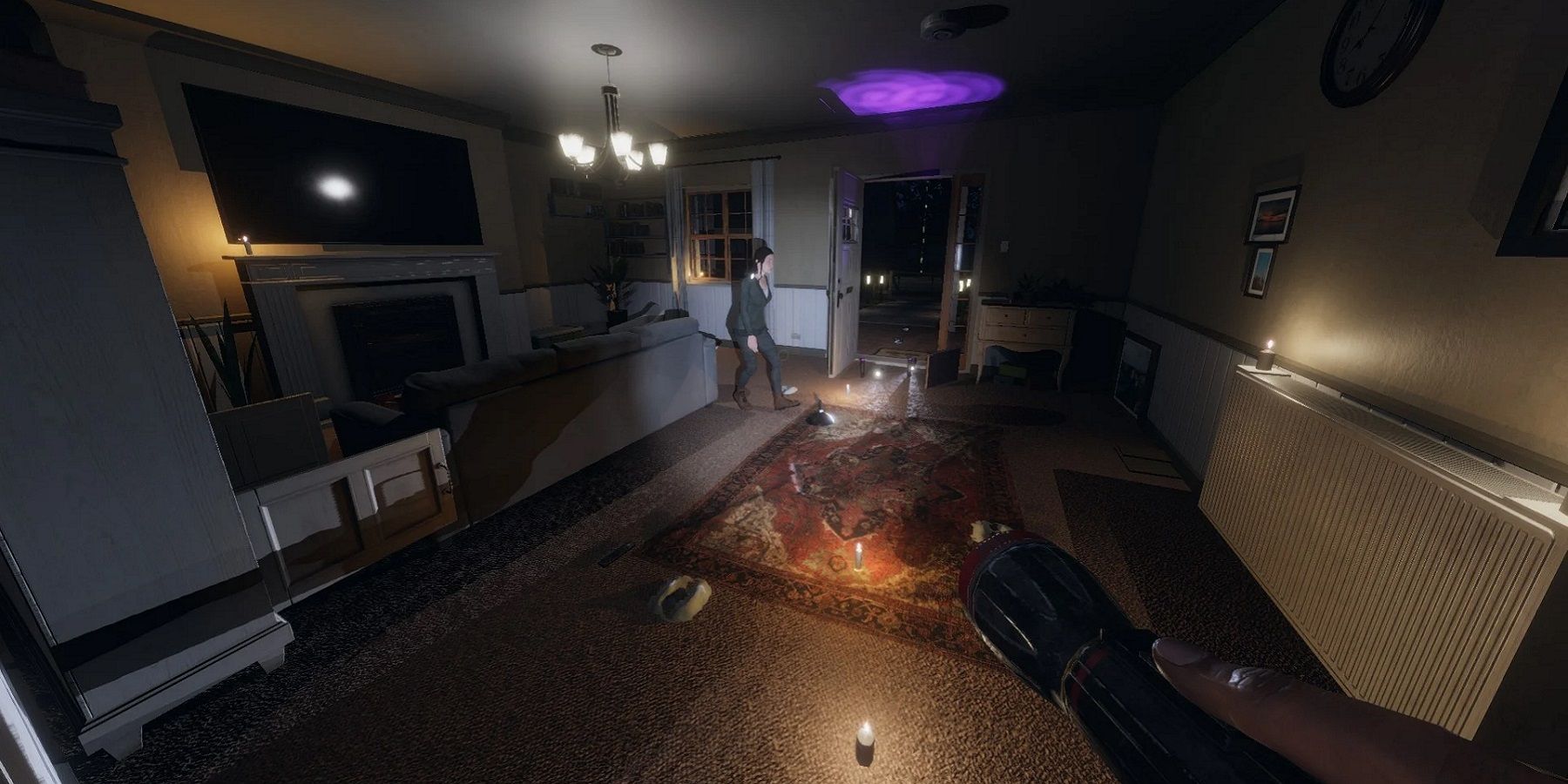 A screenshot from Phasmophobia showing two players investigating the living room in Willow Street house.