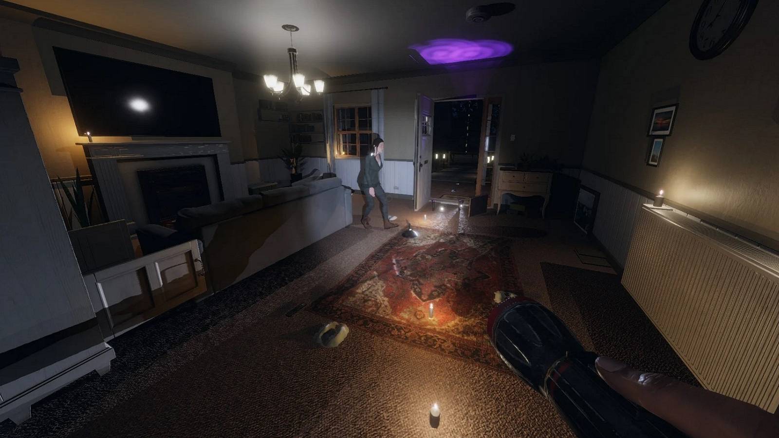 A screenshot from Phasmophobia showing two players investigating the living room in Willow Street house.