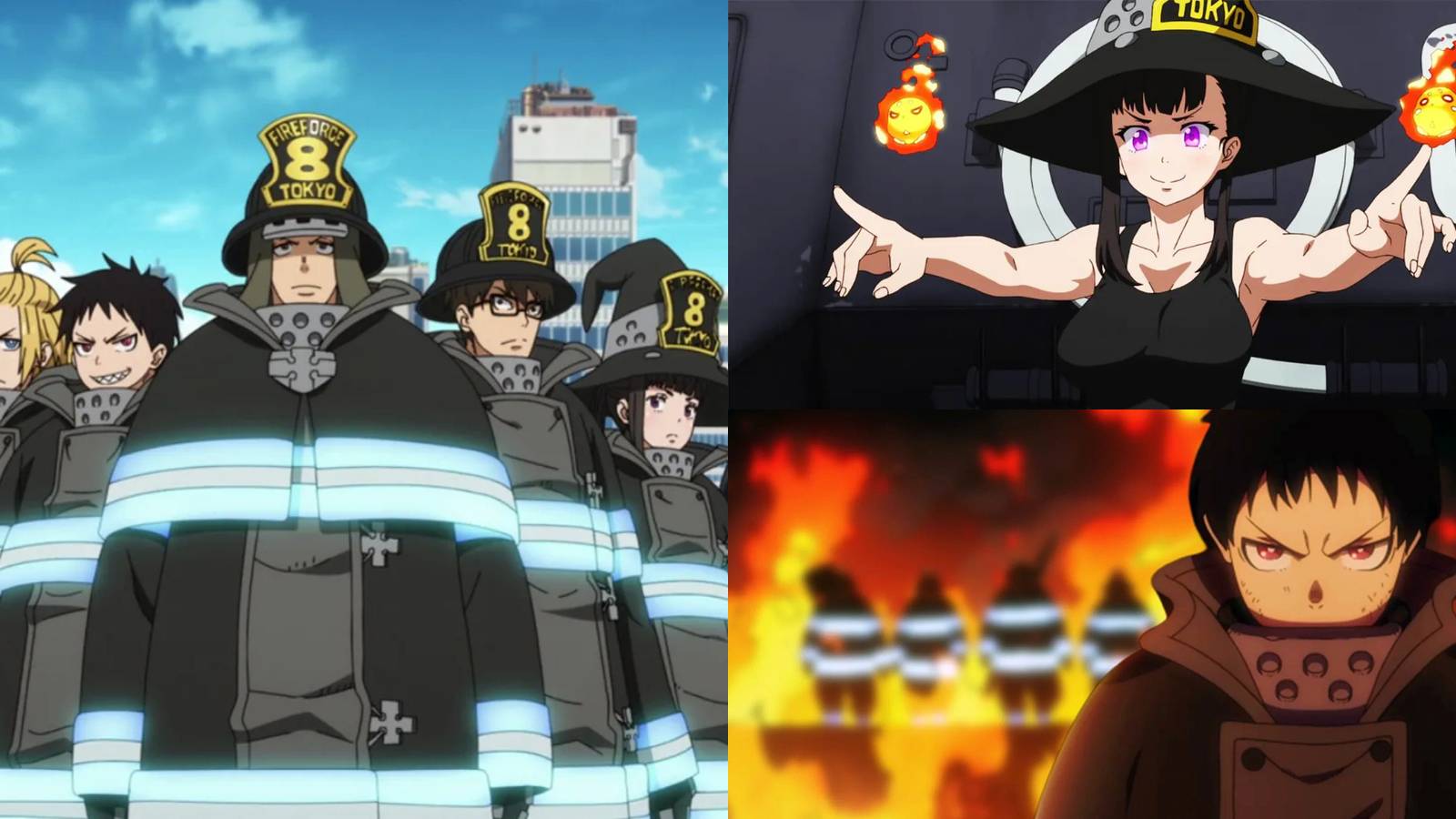 Image of the complete Fire Force team, Maki Oze, and Shinra Kusakabe.