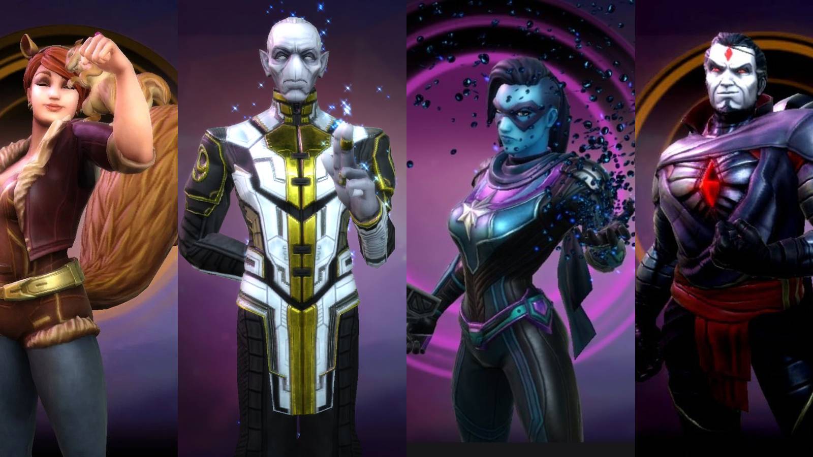 Marvel Strike Force Healer Line-up - Ebony Maw, Minnerva, Mr. Sinister, and Squirrel Girl.
