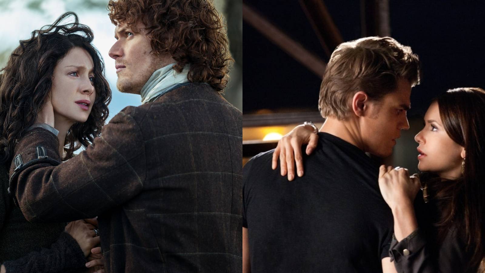 Best TV shows love triangles feature split image Outlander and The Vampire Diaries