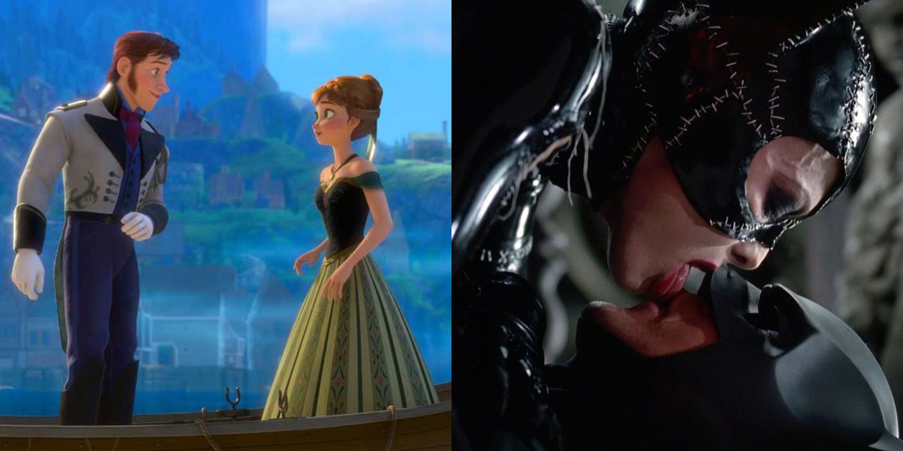 Movies in which the hero falls for the villain feature split image Frozen and Batman Returns