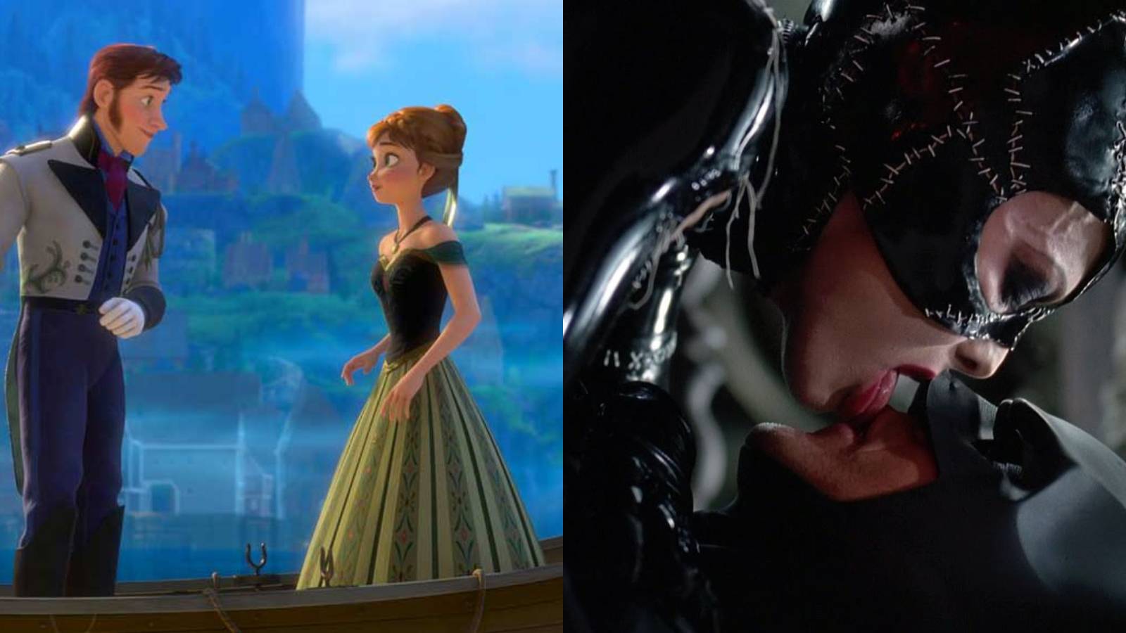 Movies in which the hero falls for the villain feature split image Frozen and Batman Returns