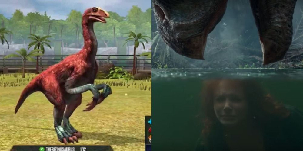 (Left) Gameplay footage of a Therizinosaurus in Jurassic World the Game and (Right) Movie image of a Therizinosaurus from Jurassic World: Dominion. 