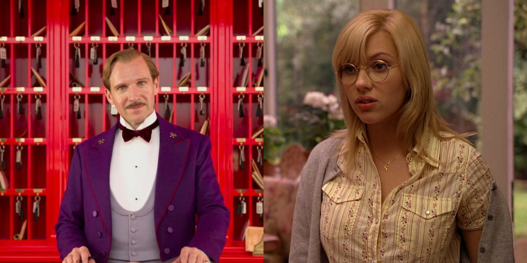 Ralph Fiennes in The Grand Budapest Hotel (left) Scarlett Johansson in Scoop (right)