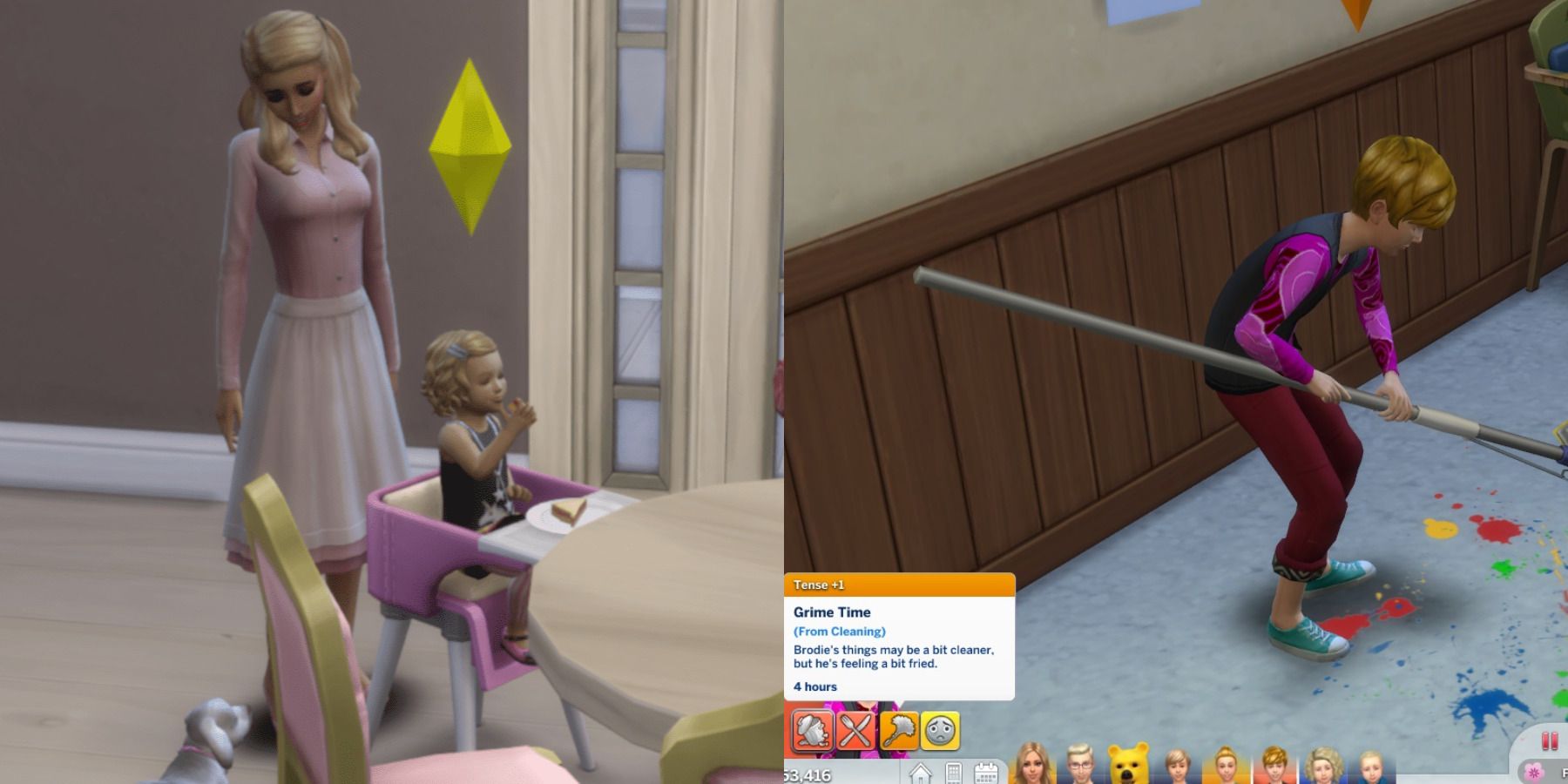 A split image of a toddler eating and a child sweeping the floor in The Sims 4