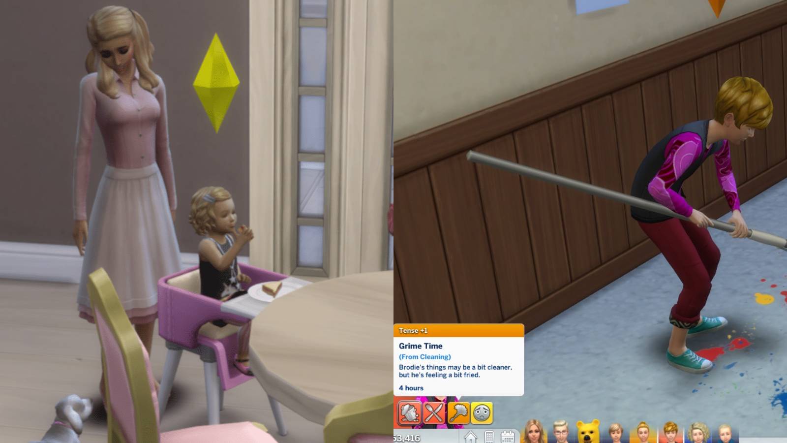A split image of a toddler eating and a child sweeping the floor in The Sims 4