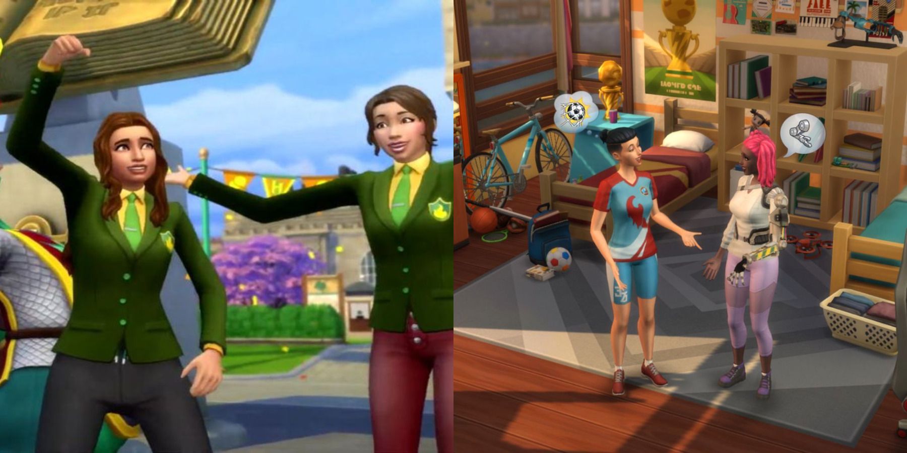 Split grid with two screenshots of The Sims 4's Discover University Pack.