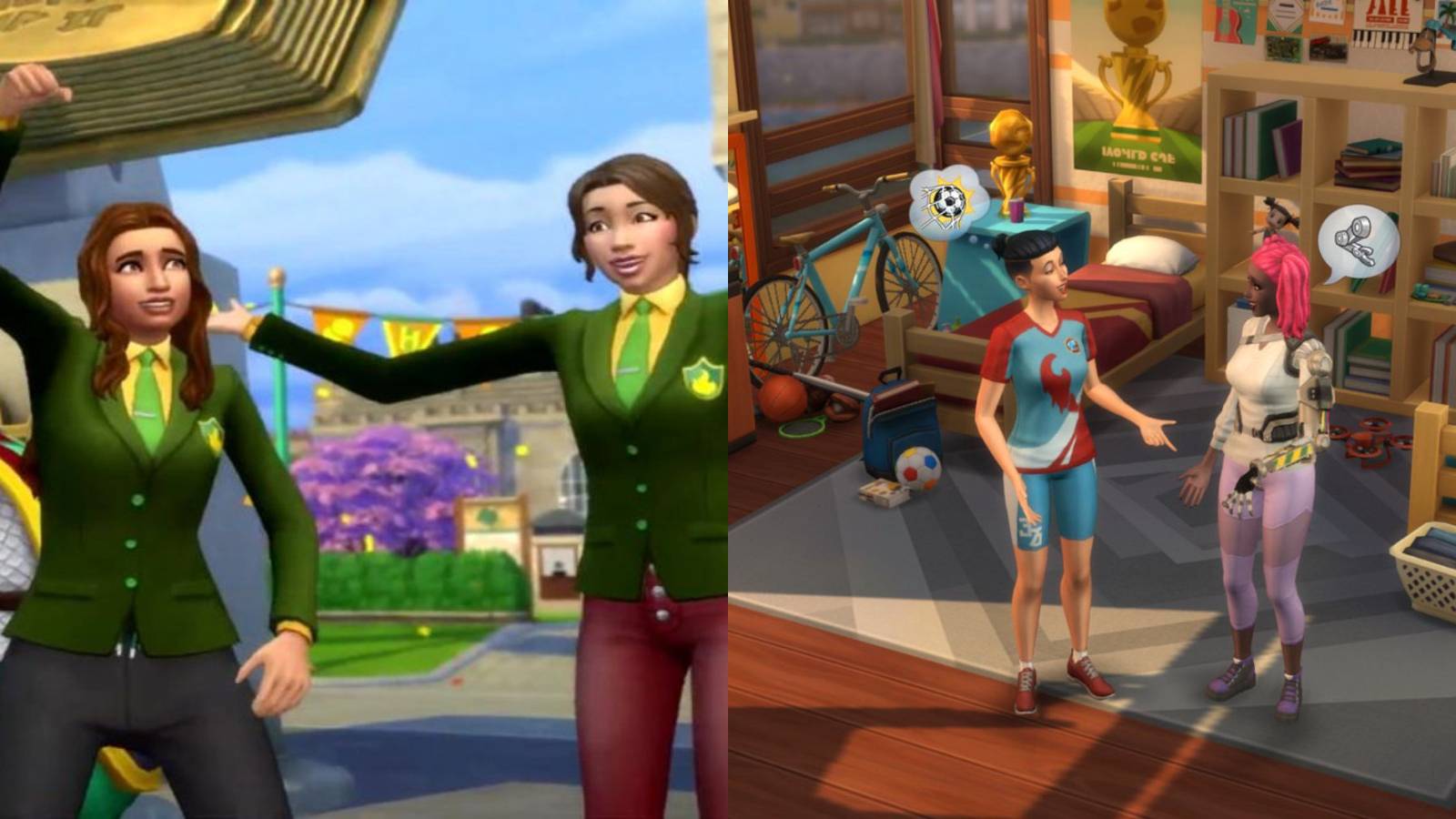 Split grid with two screenshots of The Sims 4's Discover University Pack.