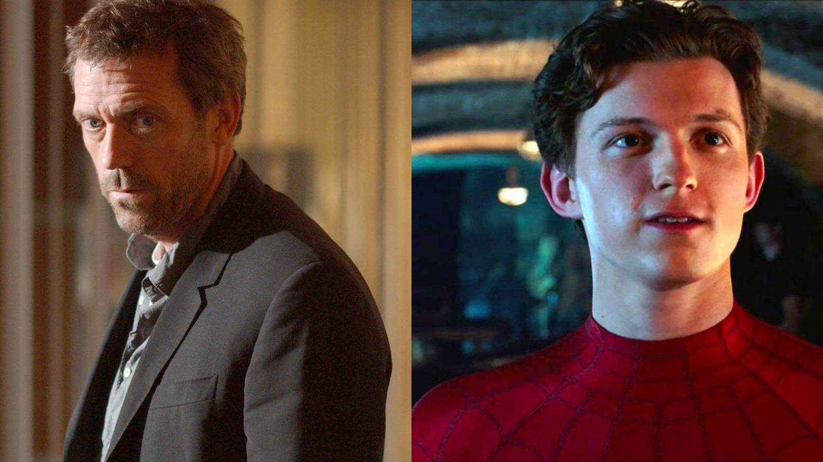 British actors who can do an American accent feature split image Hugh Laurie in Dr. House and Tom Holland in Spider-Man: Far From Home
