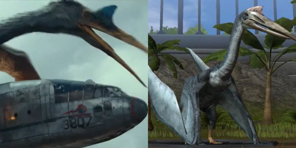 (Left)Image of the Quetzalcoatlus from Jurassic World Dominion (Right) Gameplay footage of the Quetzalcoatlus from Jurassic World Game. 