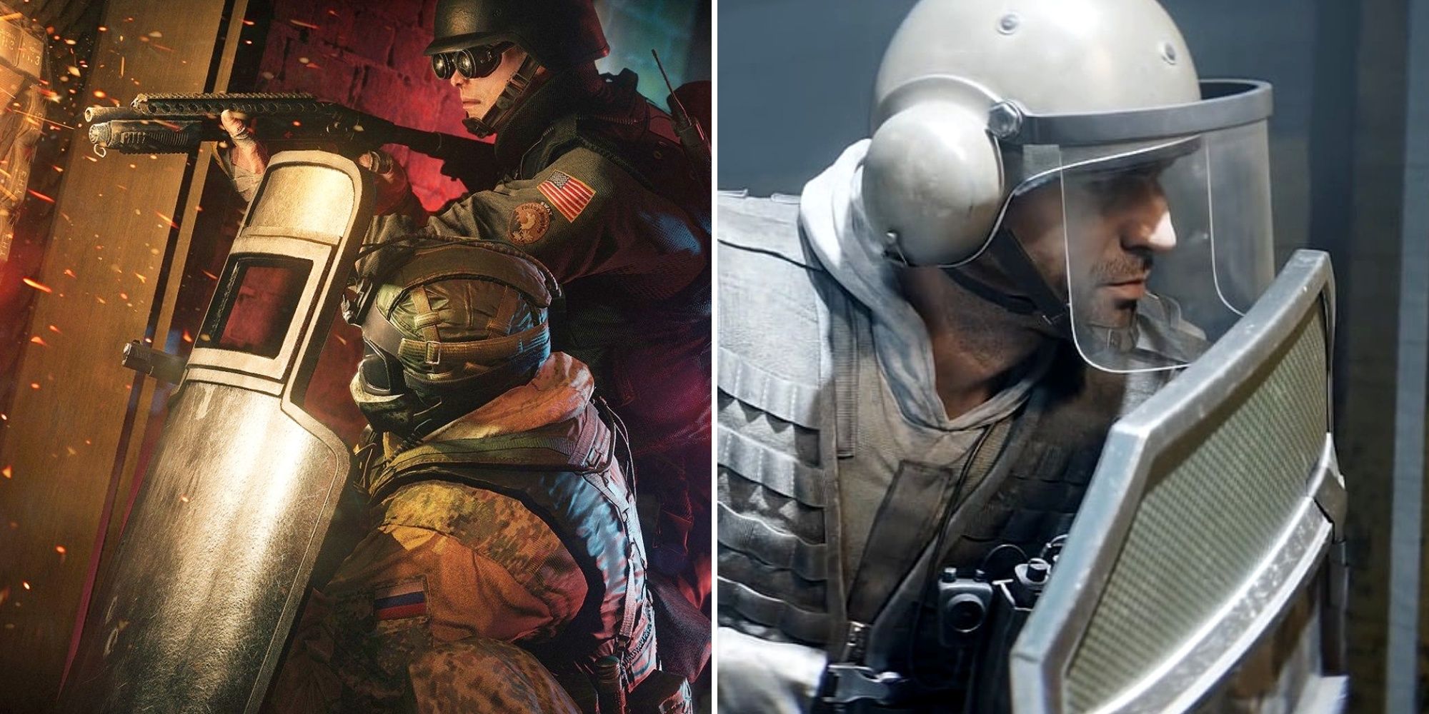 Rainbow Six Siege split image of Thermite holding shotgun while being shielded by Fuze and Blitz facing right with shield