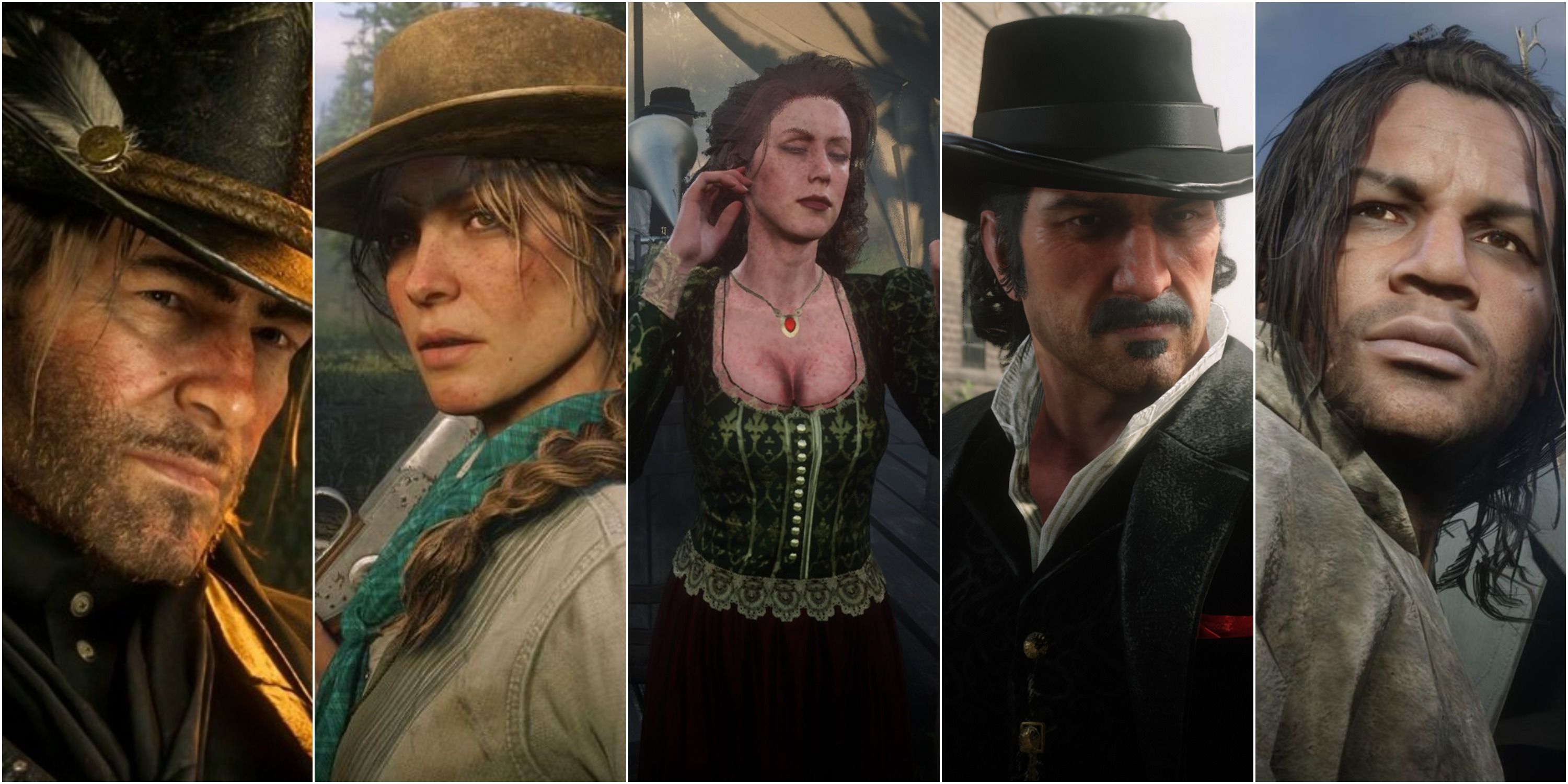 Collage side-by-side of Arthur Morgan, Sadie Adler, Molly O'Shea, Dutch van Der Linde, Charles Smith