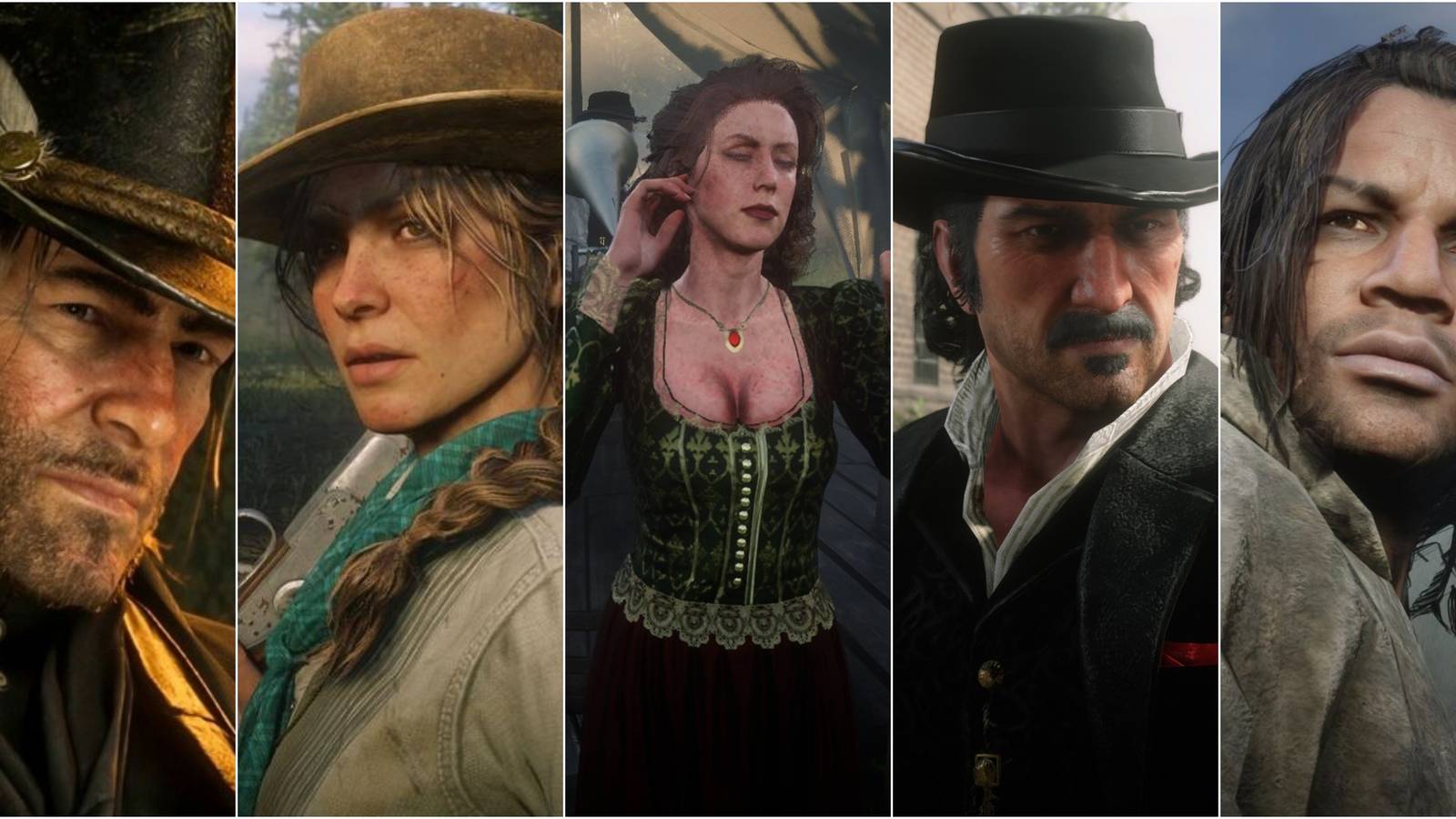 Collage side-by-side of Arthur Morgan, Sadie Adler, Molly O'Shea, Dutch van Der Linde, Charles Smith