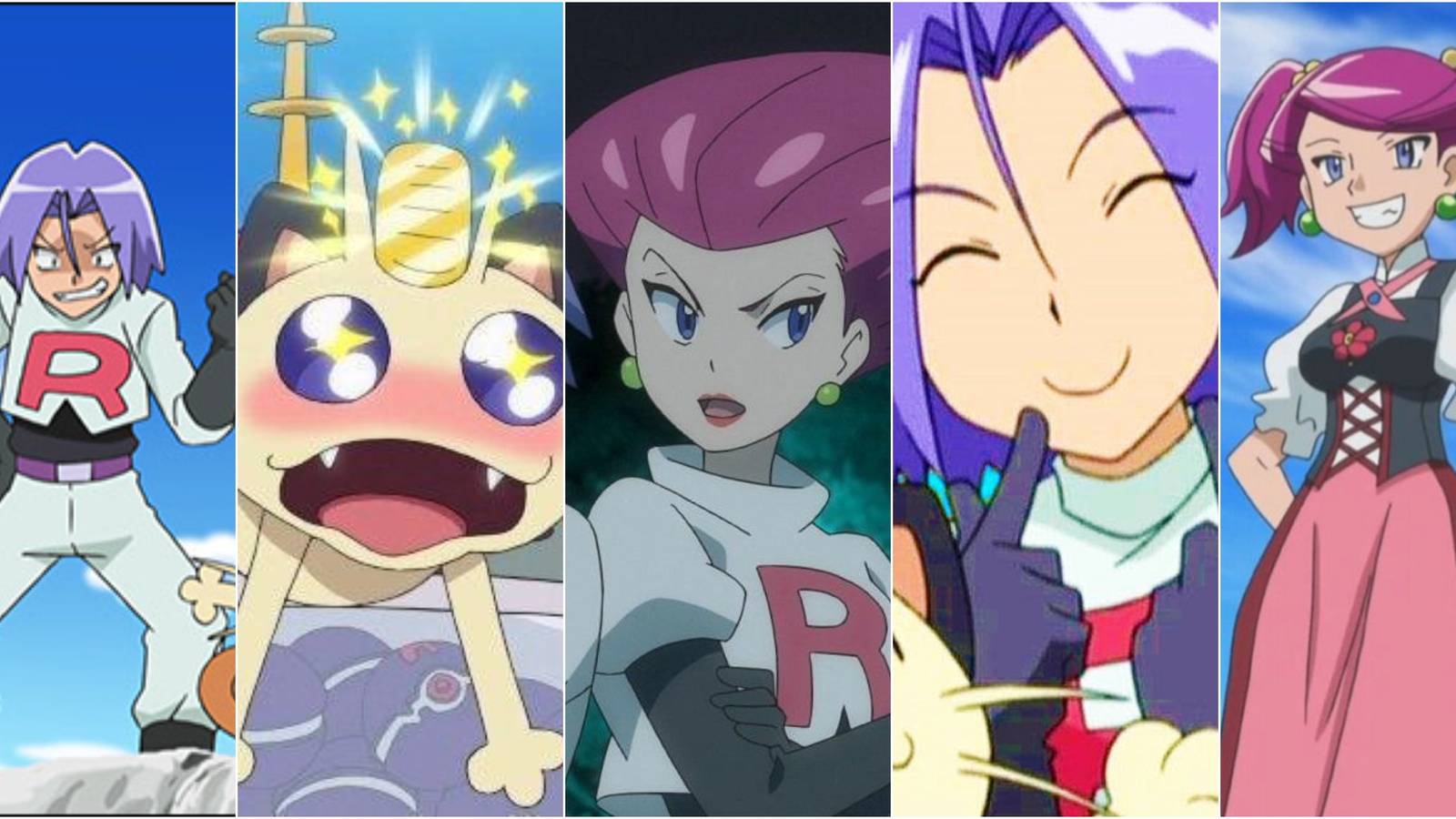 Team Rocket Pokemon collage side by side with James, Meowth, and Jessie smiling