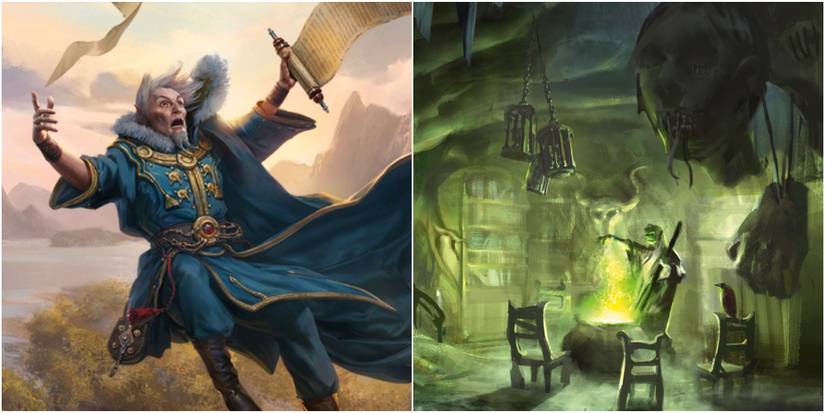 left: Feather Fall spell; right: character stirring cauldron