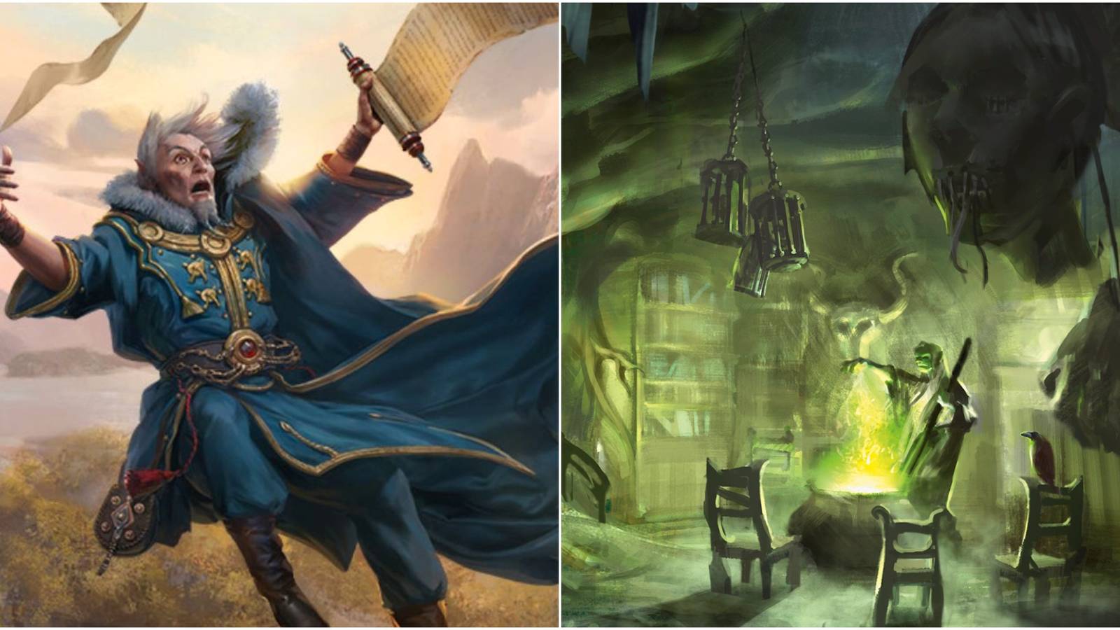left: Feather Fall spell; right: character stirring cauldron