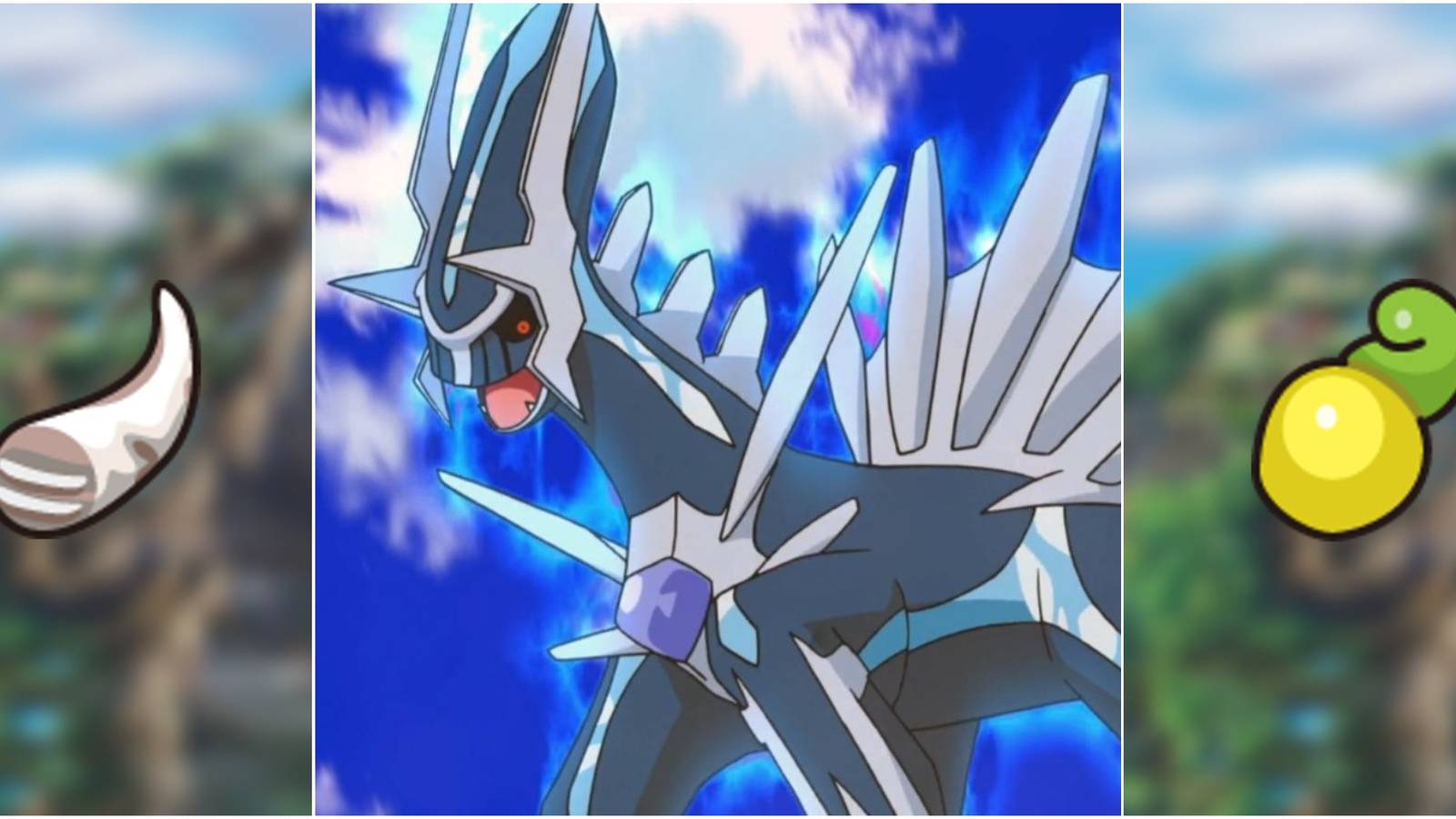 left to right: dragon fang, dialga, shuca berry