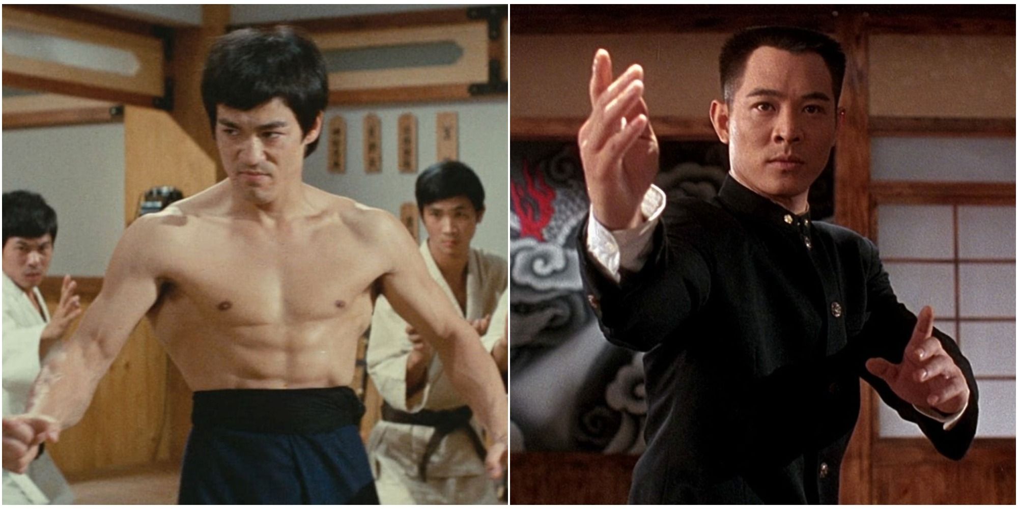 left: bruce lee in fist of fury; right: jet li in fist of legend