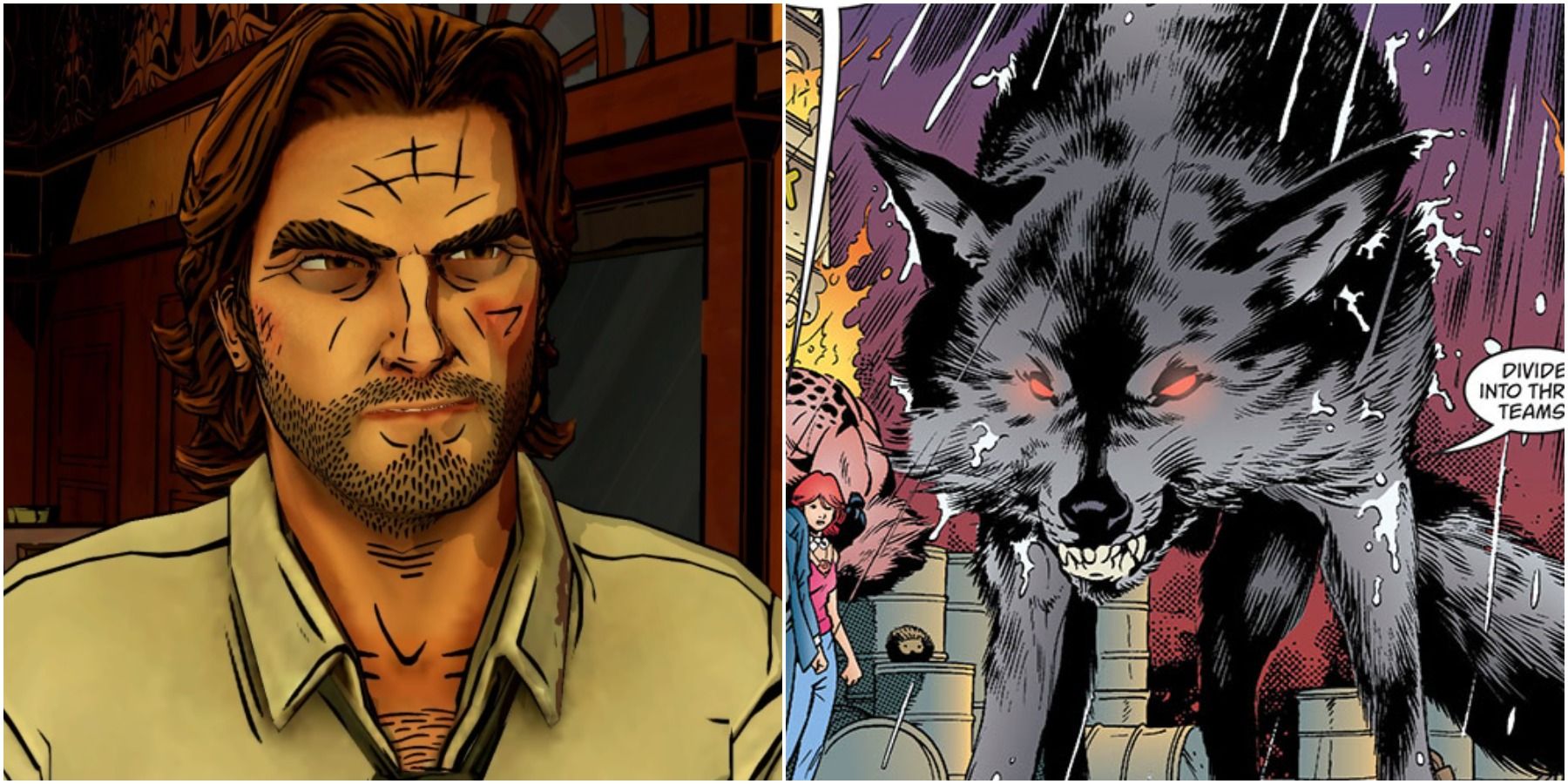 Split image of Bigby in human form and wolf form. 