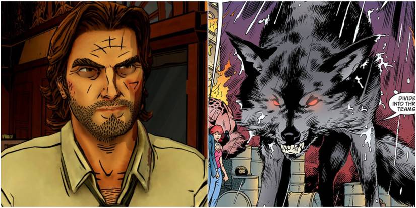 Split image of Bigby in human form and wolf form. 