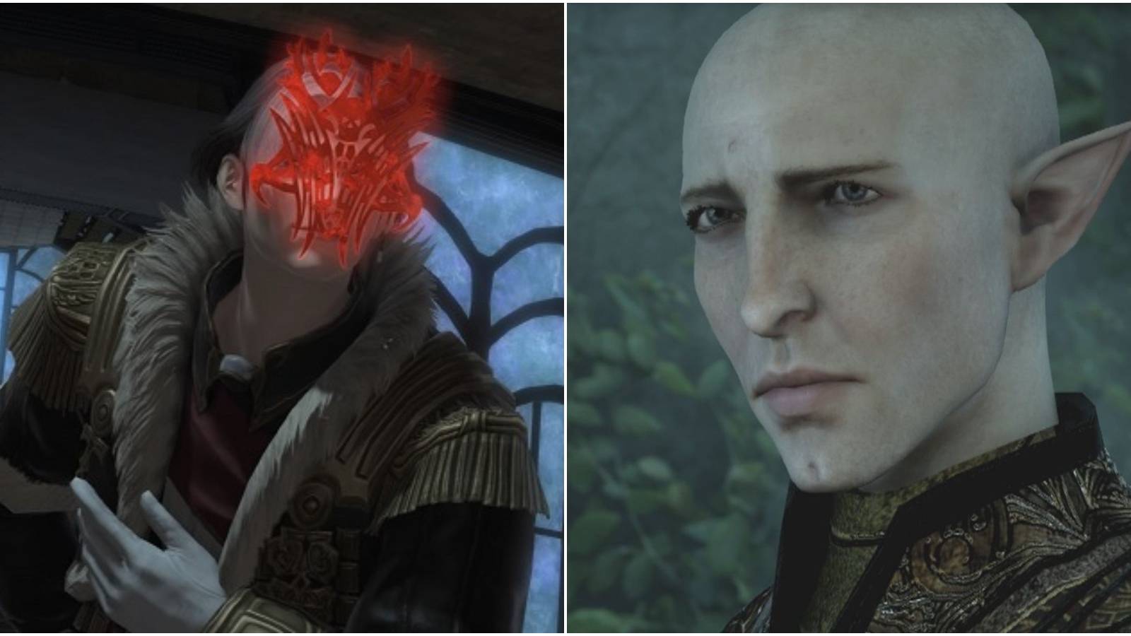 Split image of Emet-Selch bowing and Solas. 