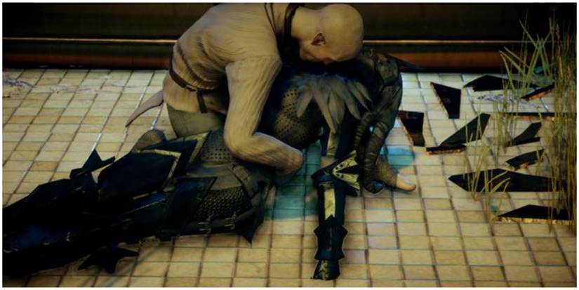 Solas holding Flemeth.