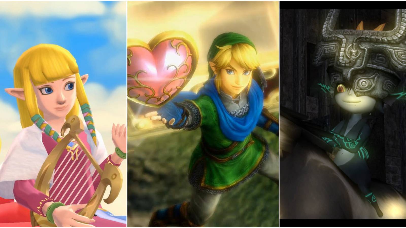 left: Zelda from Skyward Sword, center: Link holding up a Heart Container, right: Midna riding Wolf Link.