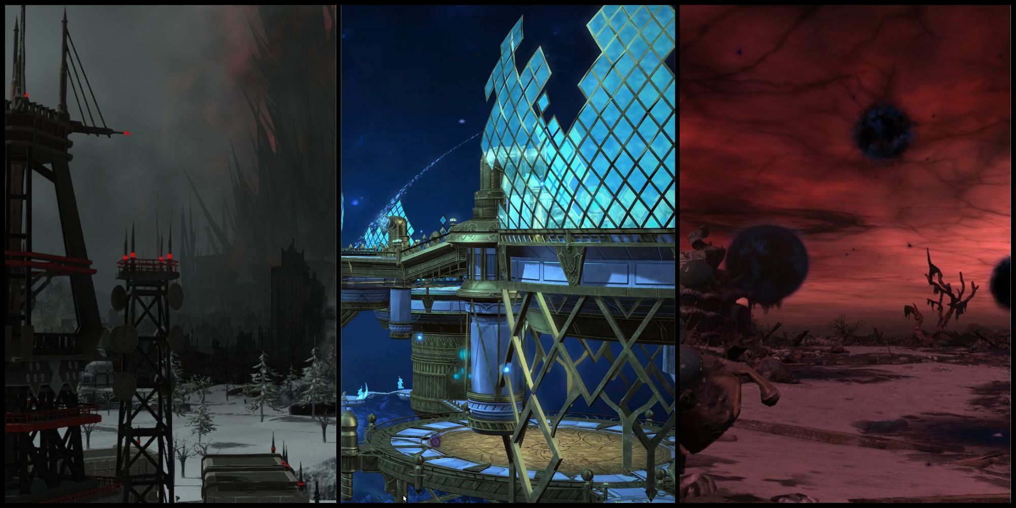 This is a split image featuring three dungeons from Final Fantasy 14: Endwalker. The first is the Tower of Babil and surrounding radio towers. The second is a crystalline dome from the Aitiascope. The third is the blood-red sky and plagued beach of the Dead Ends.