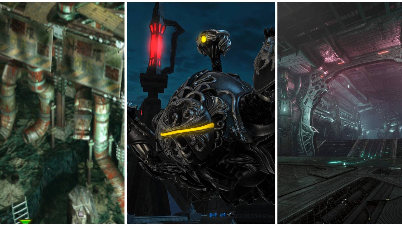 Mako pipes from Final Fantasy 7; Omega as it appears in Final Fantasy 14; the Floating Fortress from Final Fantasy Origins.