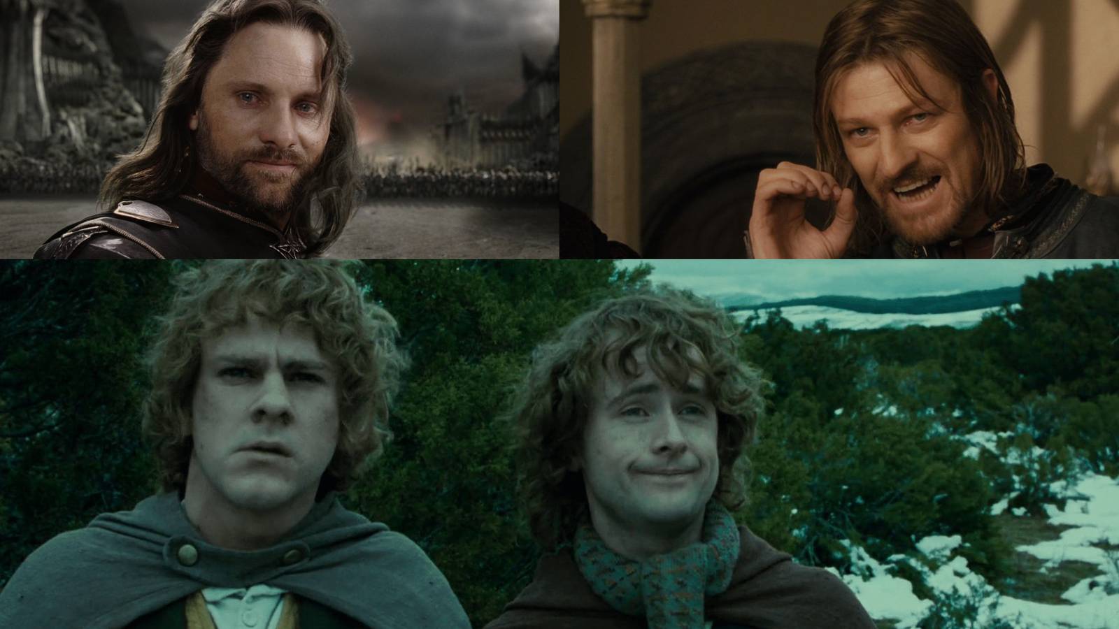 Film stills of the Lord of The Ring Triliogy featuring  Aragorn, Boromir, Meriadoc Brandybuck, and Pippin Took.