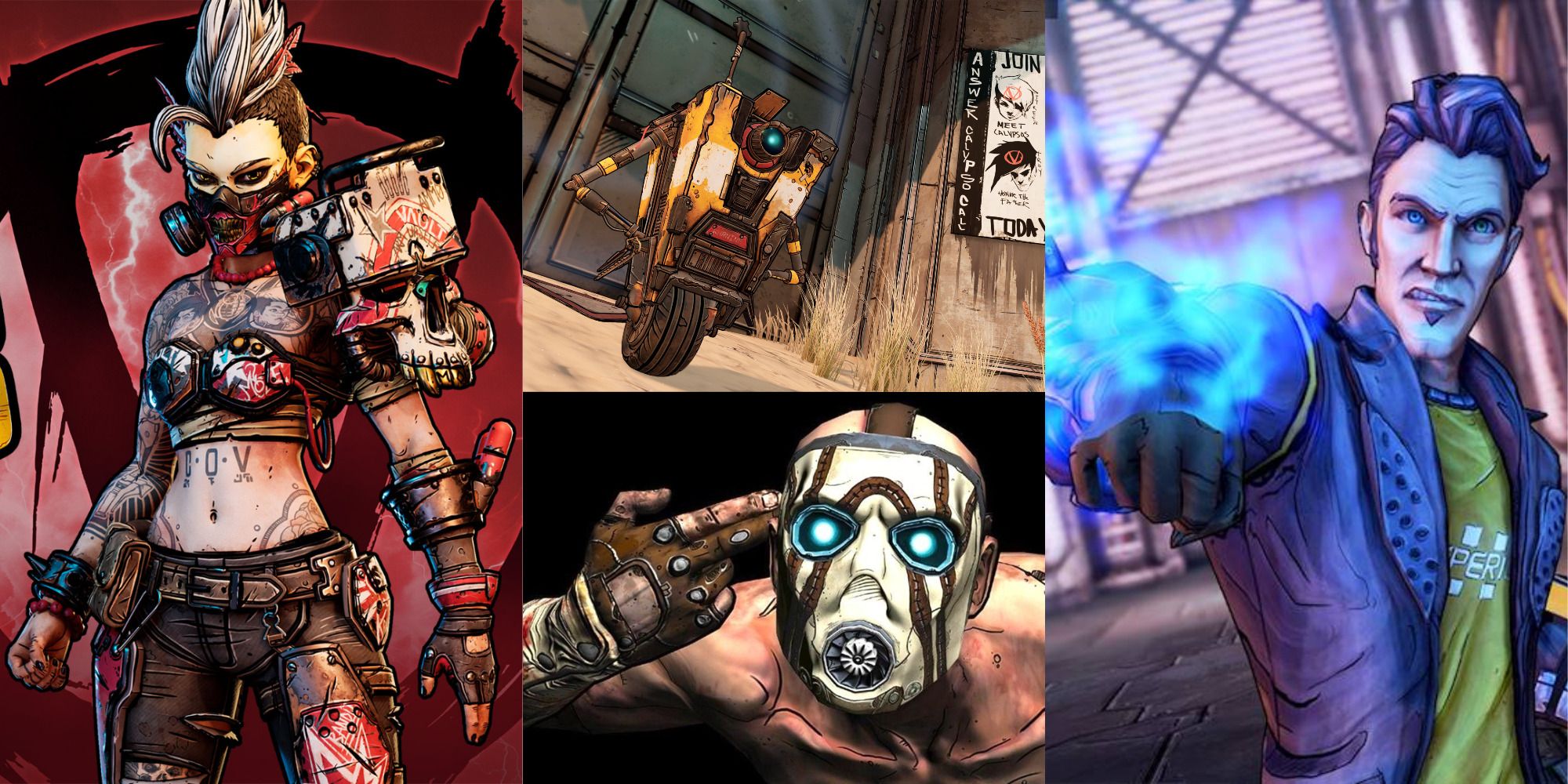 Showcase of Moze, Claptrap, Psycho, and Handsome Jack from the Borderlands Franchise