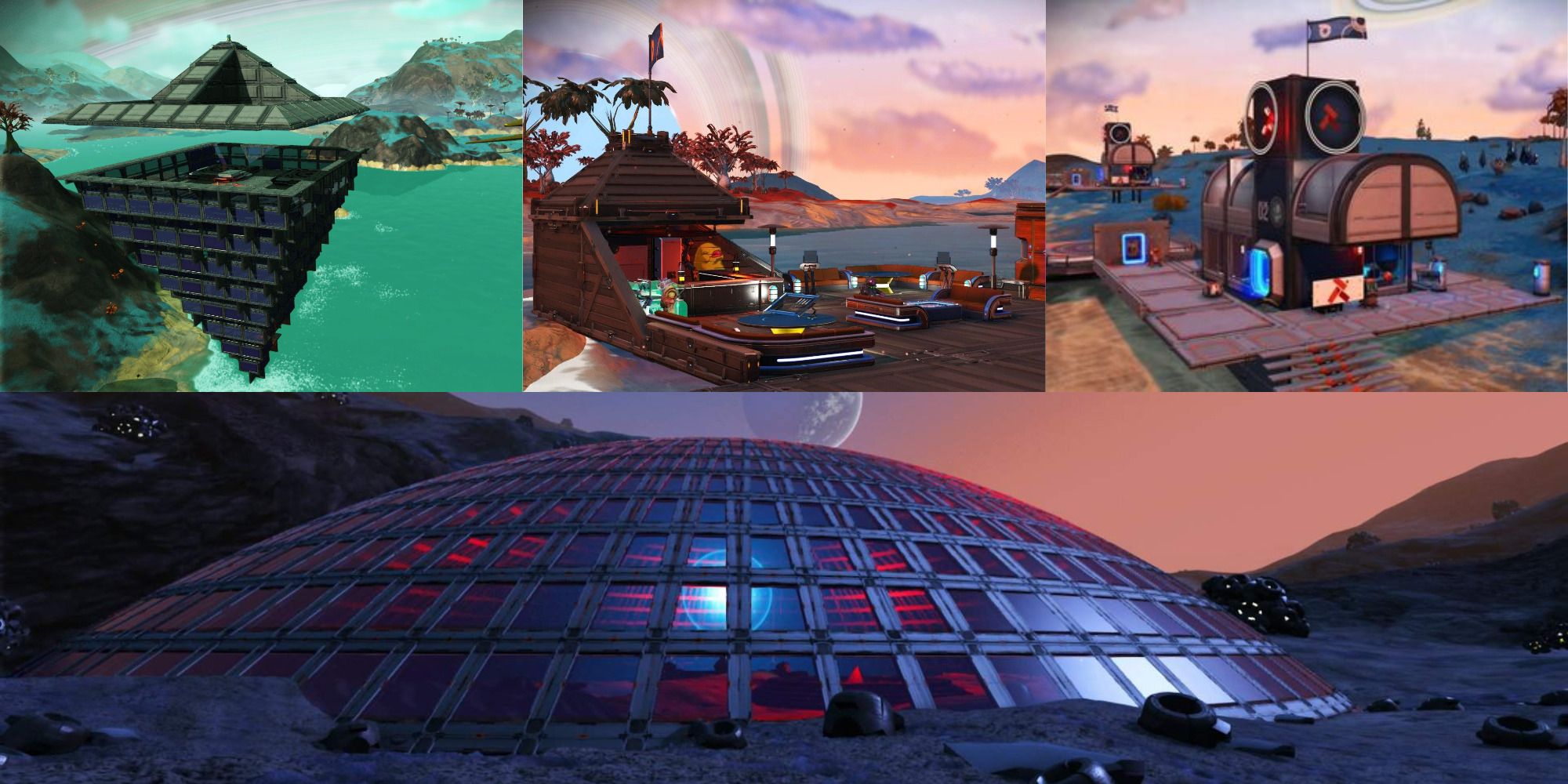 Showcase of four different-styled bases from No Mans Sky.