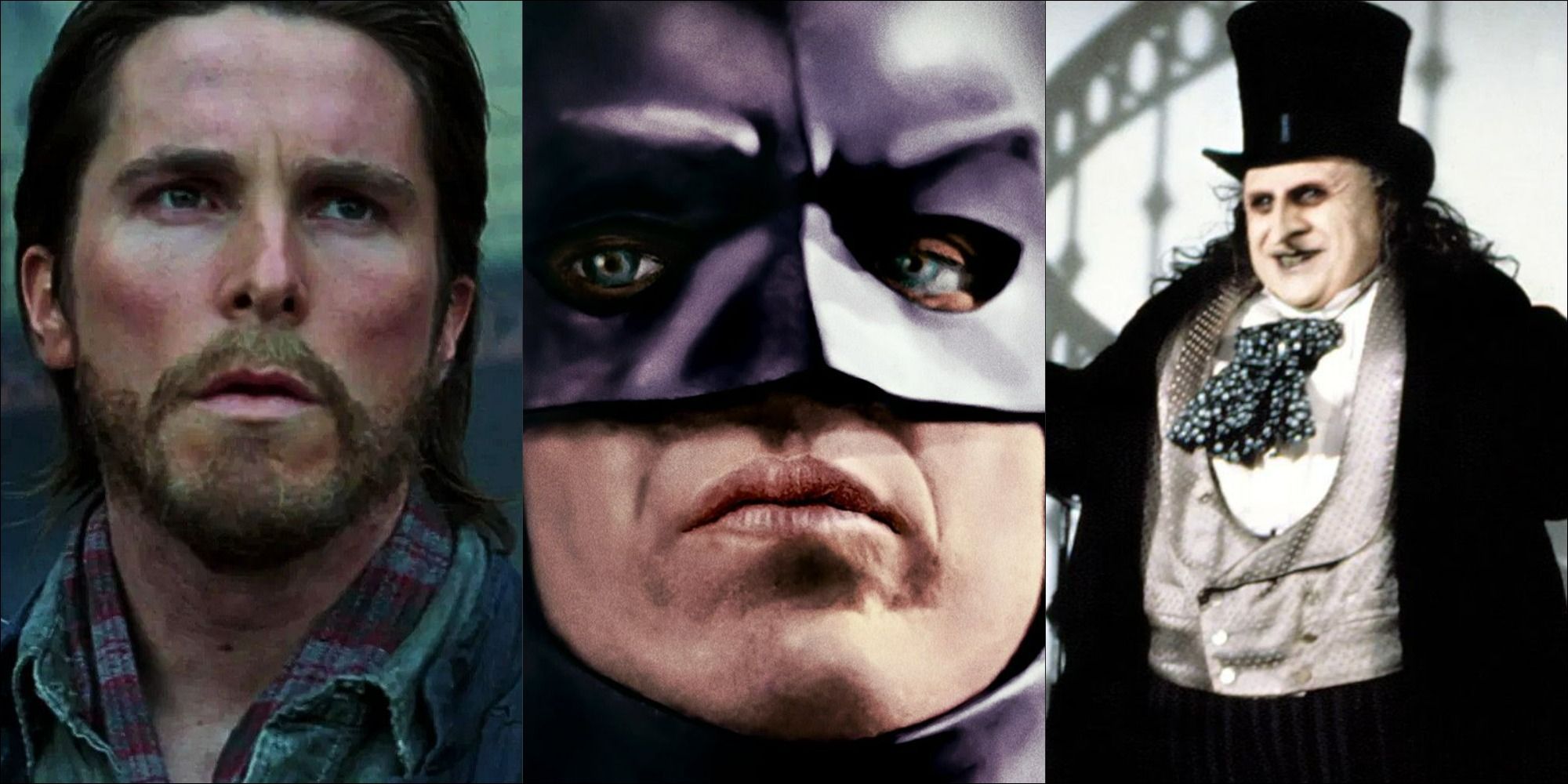 Bruce Wayne, Batman, and The Penguin from live-action Batman films