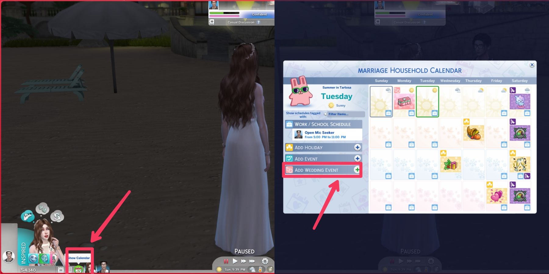 plan a wedding rehearsal using the calendar in the sims 4