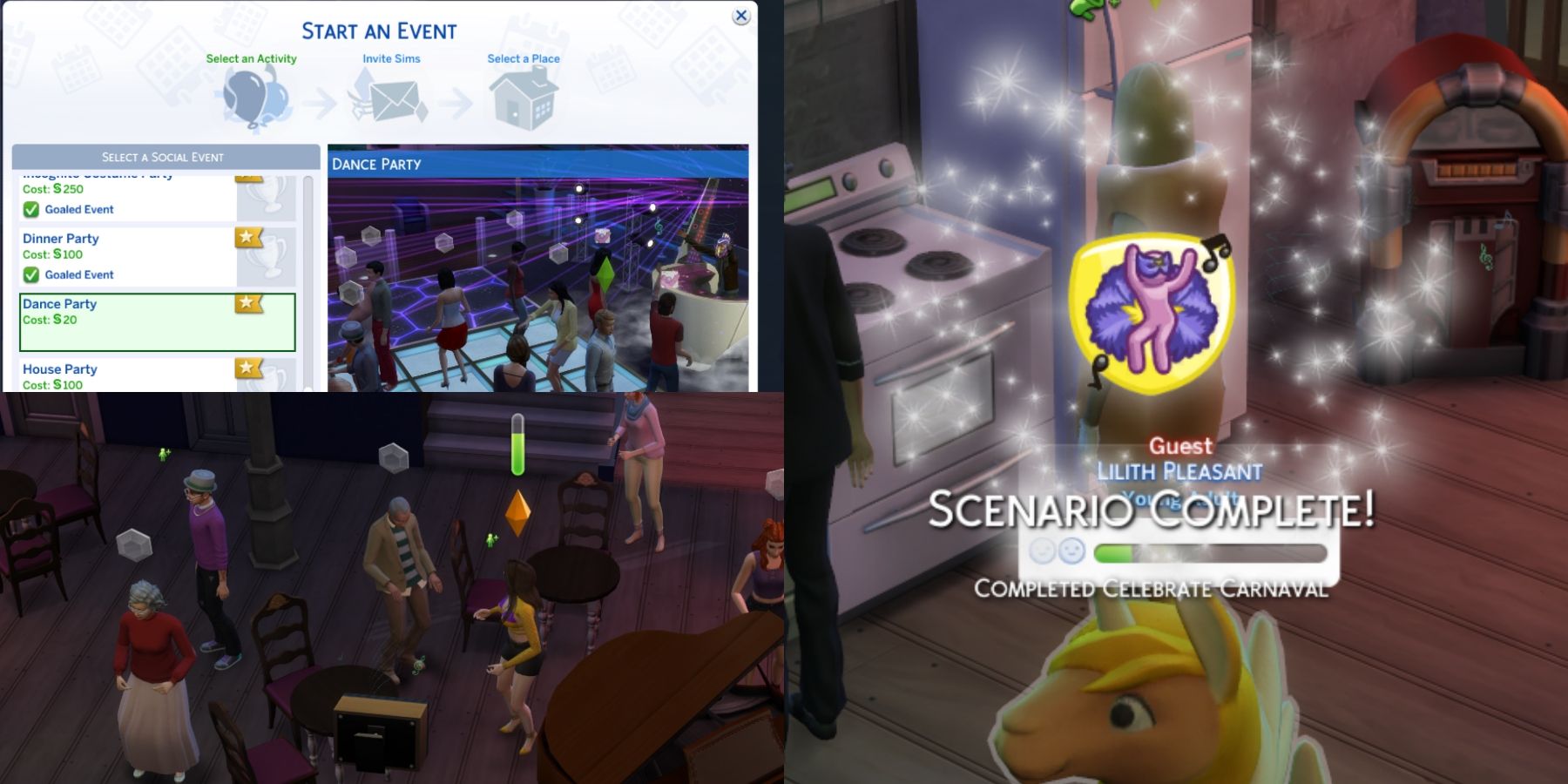 planing a social event and completing the scenario in the sims 4