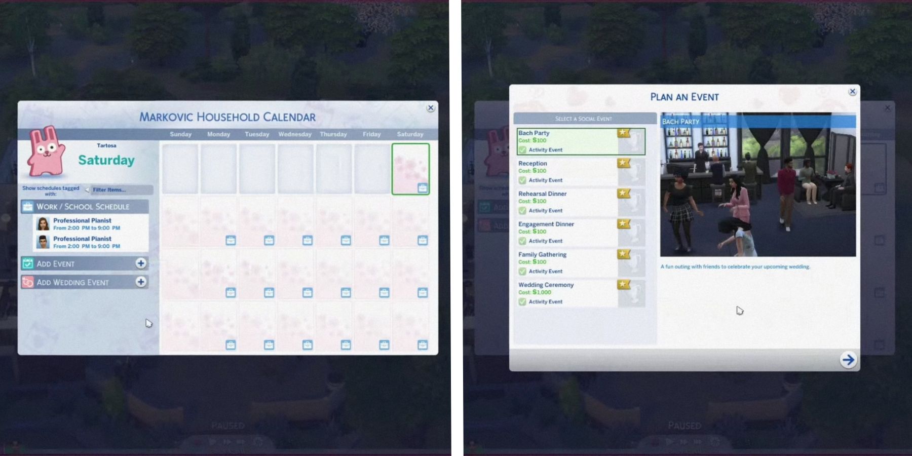 planning a wedding using the calendar in the sims 4