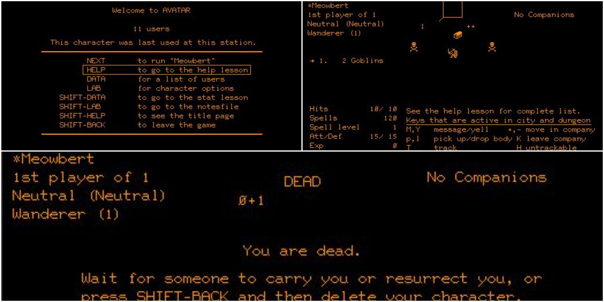 A menu and game over screen from Avatar on the PLATO system. 