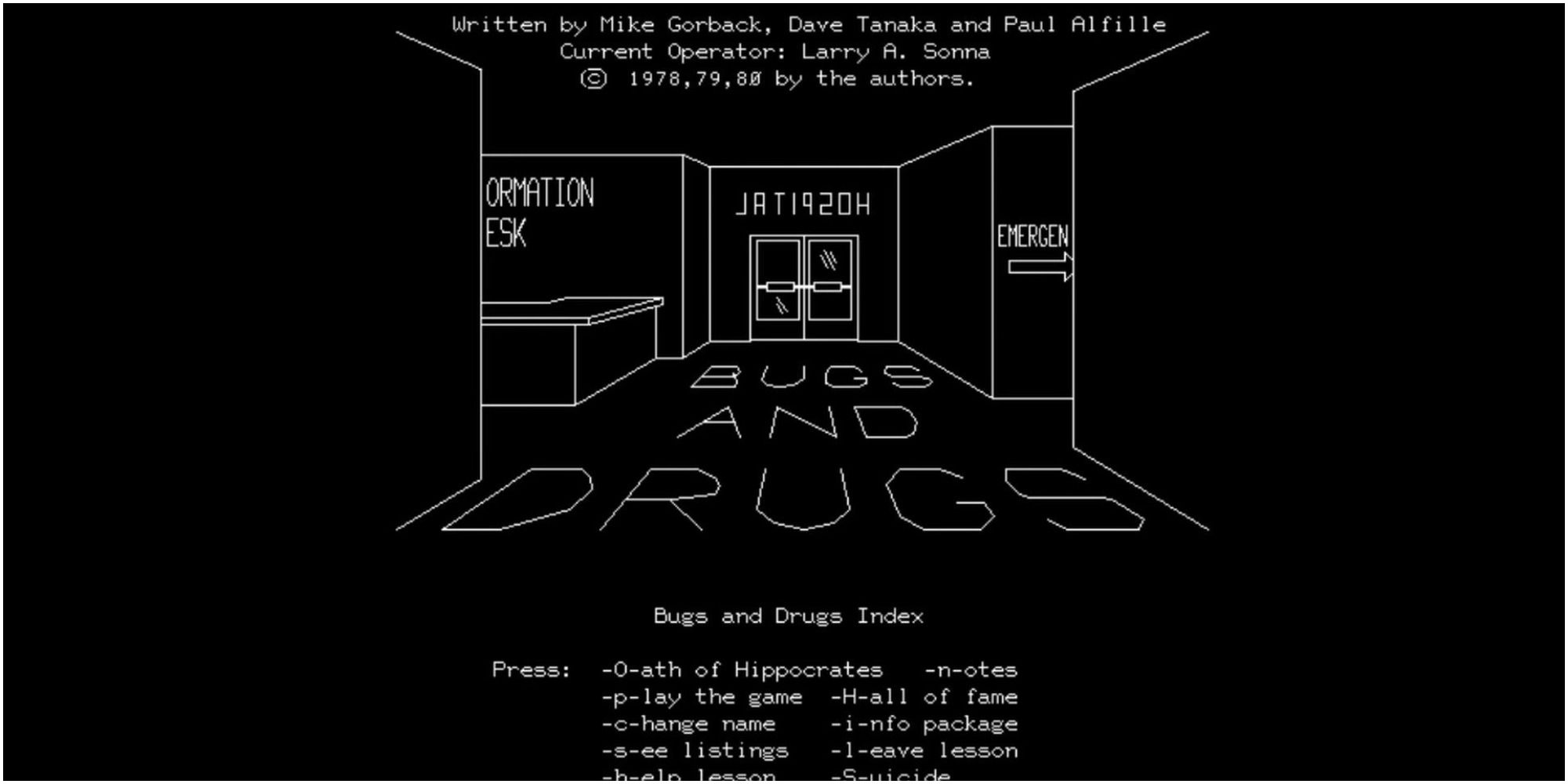 The title screen of Bugs and Drugs for the PLATO system.