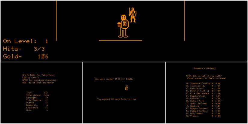 A character creation scene, battle, and shop from the game dnd on the PLATO system.