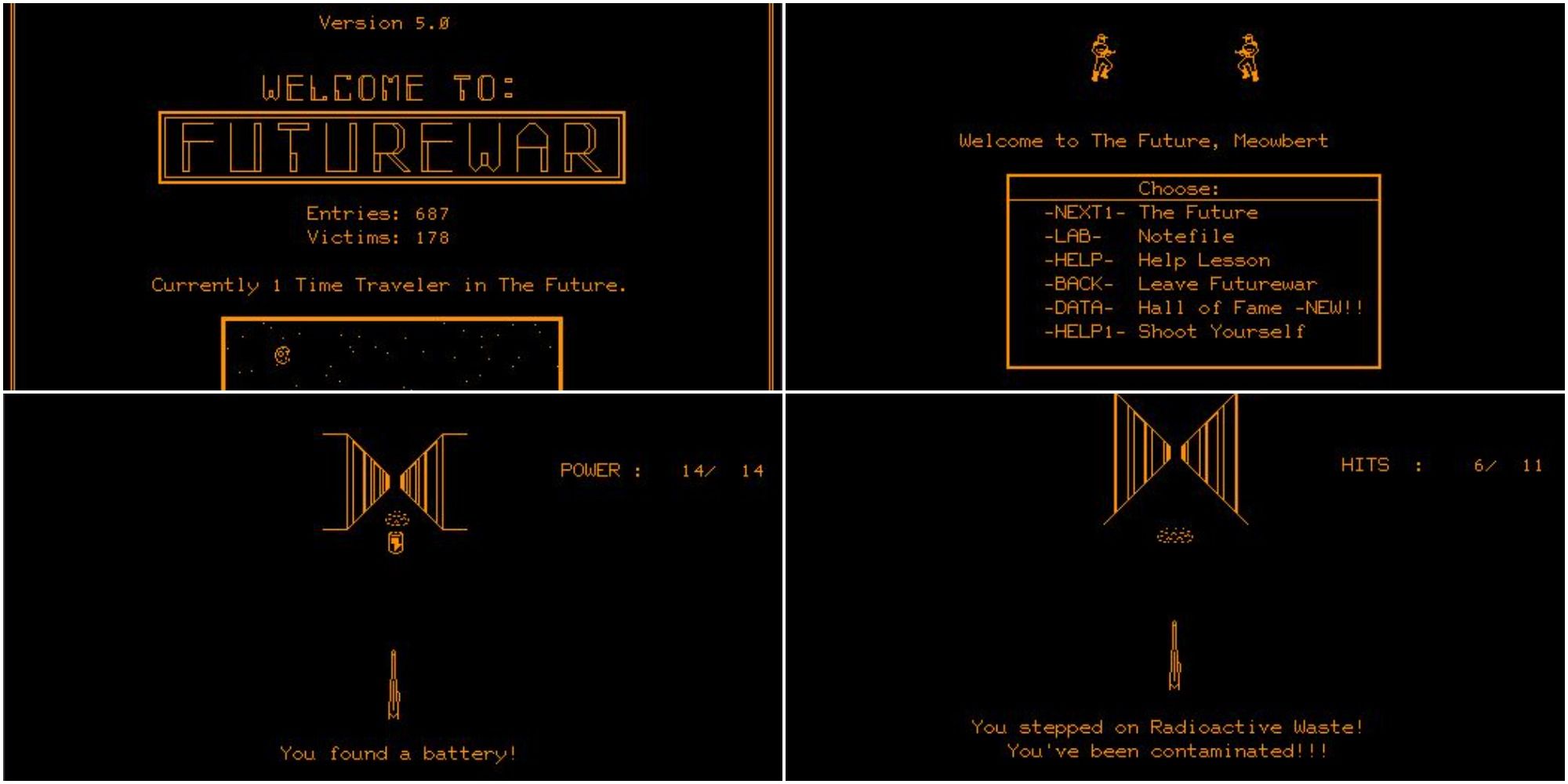 A title screen and first level from Future War on the PLATO system.