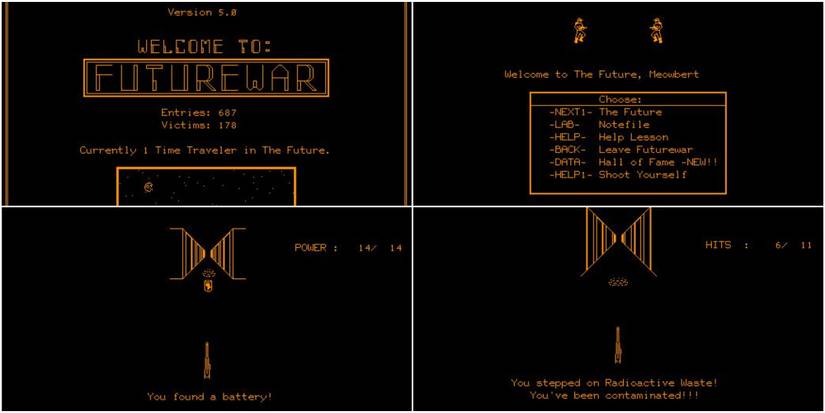 A title screen and first level from Future War on the PLATO system.