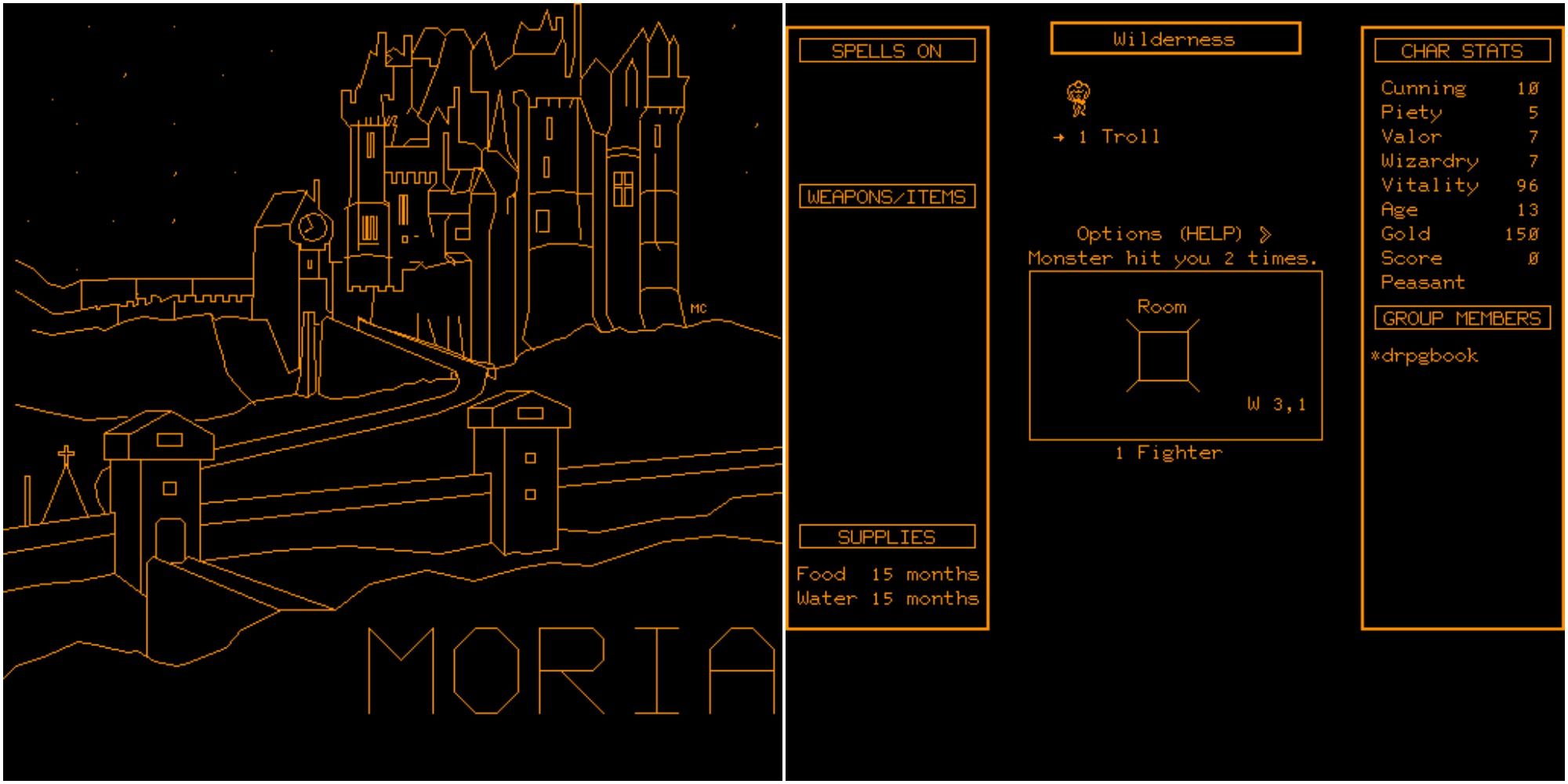 A title screen and room from Moria on the PLATO system.
