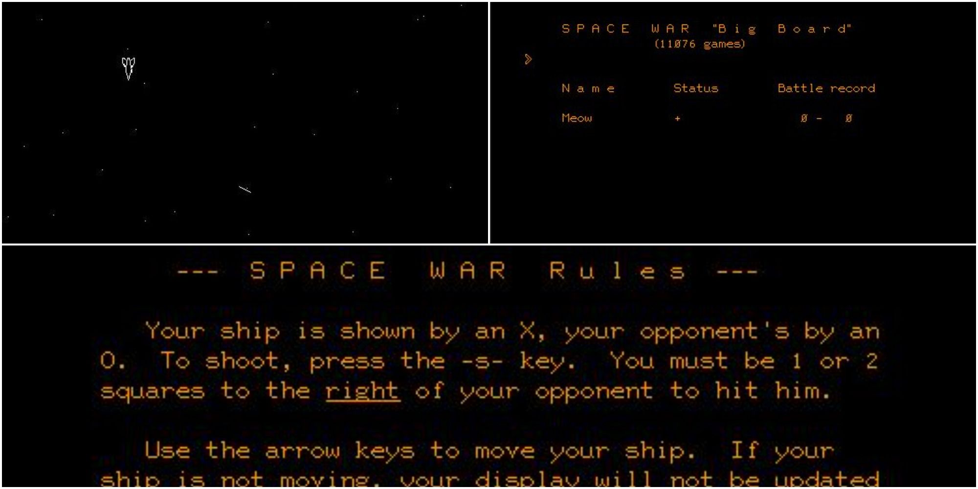 A menu screen and rules for the game Space War on the PLATO system.